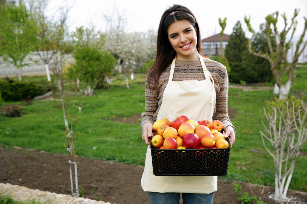 happy woman with basket apples